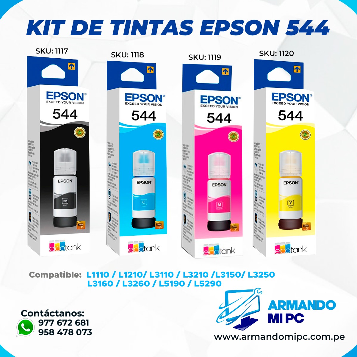 KIT DE TINTAS EPSON T544, COLOR NEGRO, AMARILLO, MAGENTA, CYAN