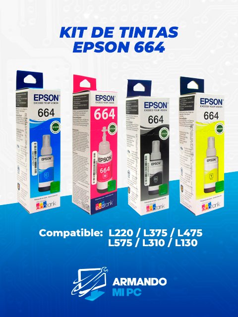 KIT DE TINTAS EPSON T664, COLOR NEGRO, AMARILLO, MAGENTA, CYAN
