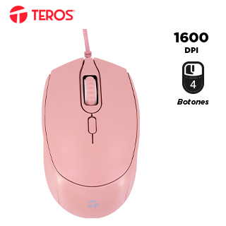 Mouse óptico TEROS TE-1226S, 800-1200-1600 DPI, USB, 4 botones, color rosado