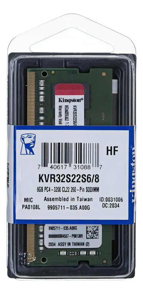 Memoria SODIMM Kingston KVR32S22S6/8, 8GB, DDR4-3200MHz, CL22, 1.2V, 260-pin, Non-ECC
