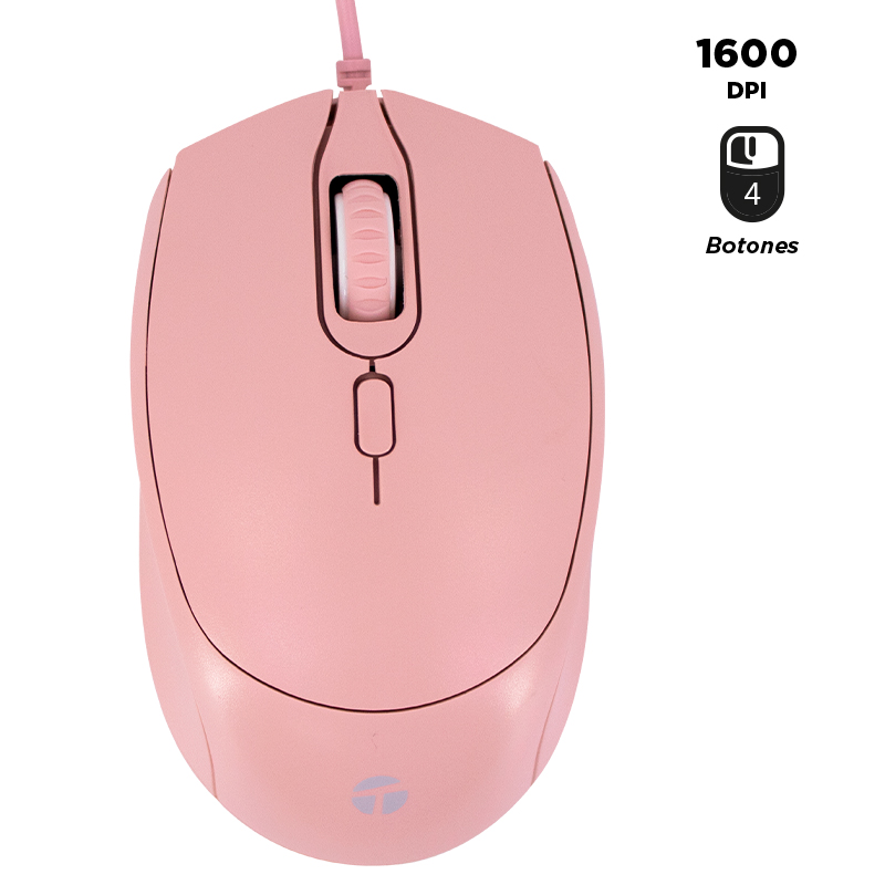 Mouse óptico TEROS TE-1226S, 800-1200-1600 DPI, USB, 4 botones, color rosado