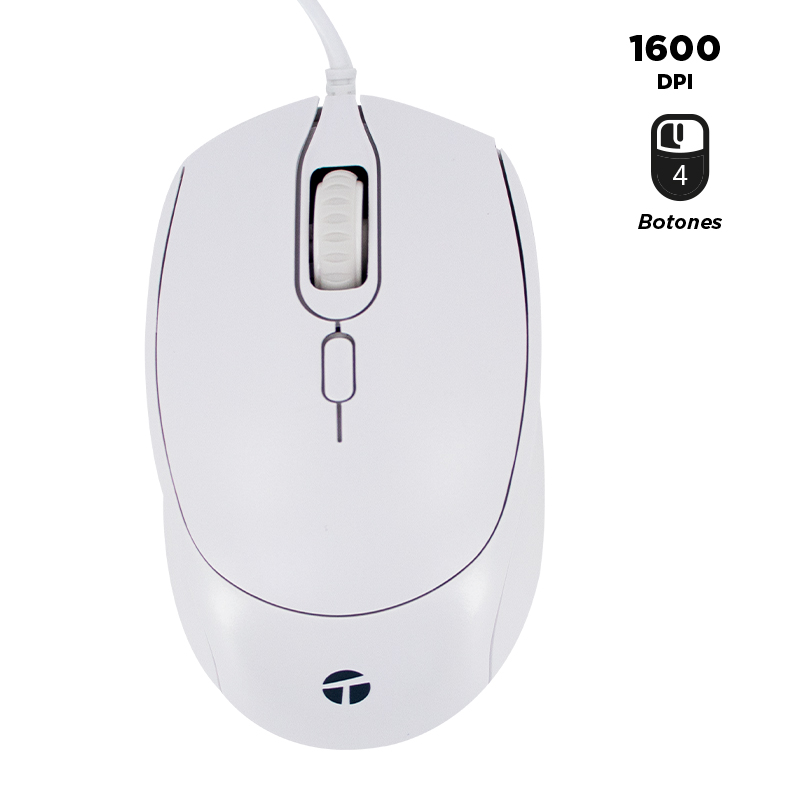 Mouse óptico TEROS TE-1225S, 800-1200-1600 DPI, USB, 4 botones, color blanco